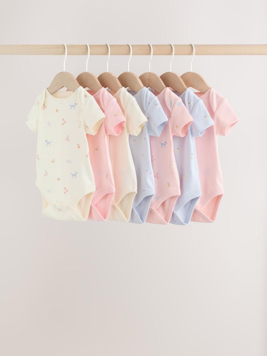 Multi Pastel Character 7 Pack Short Sleeve Baby Bodysuits