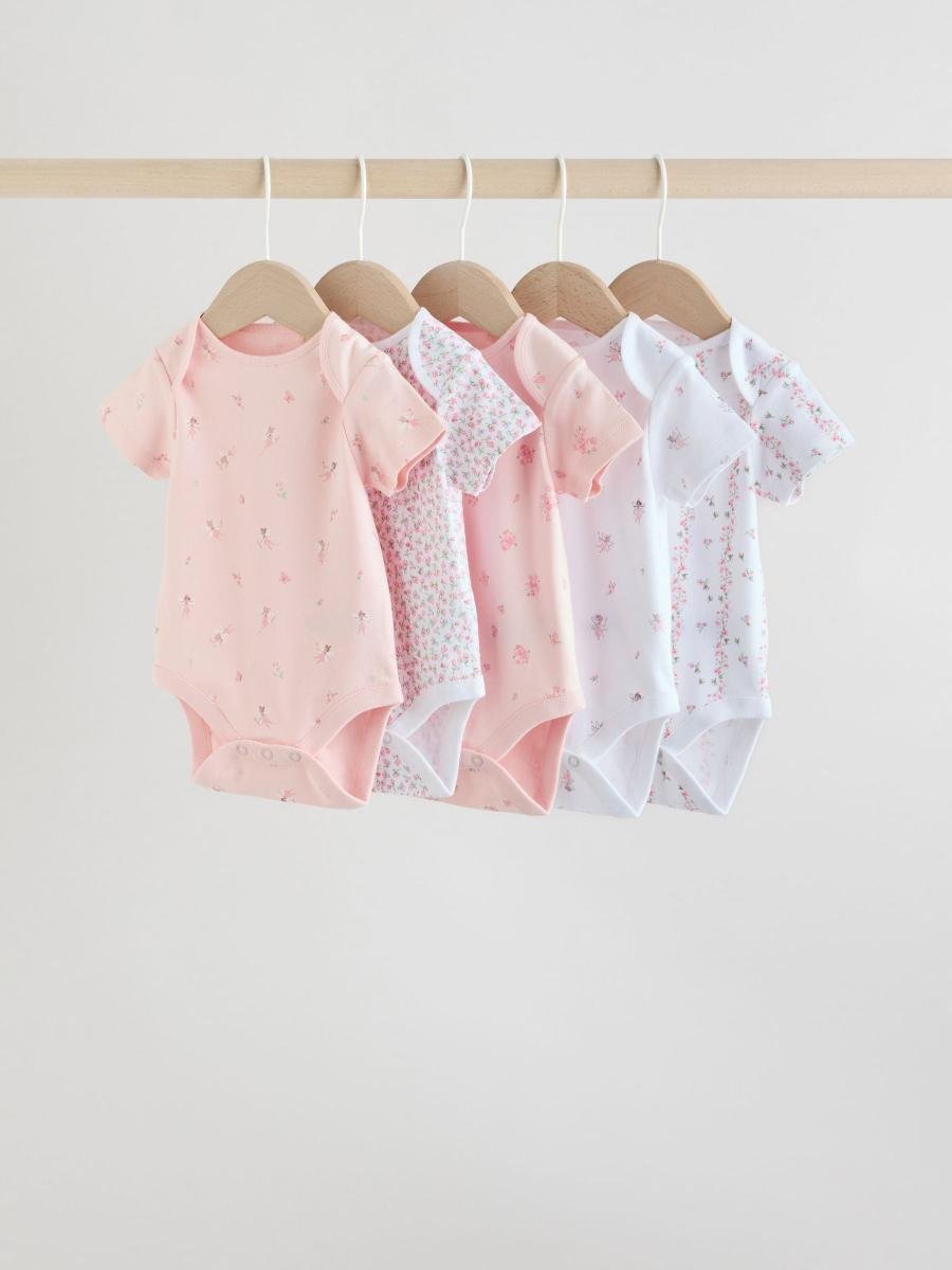 Pink 5 Pack Short Sleeve Baby Bodysuit