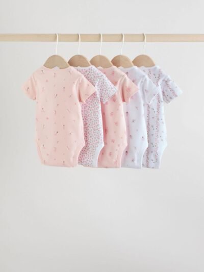 Pink 5 Pack Short Sleeve Baby Bodysuit
