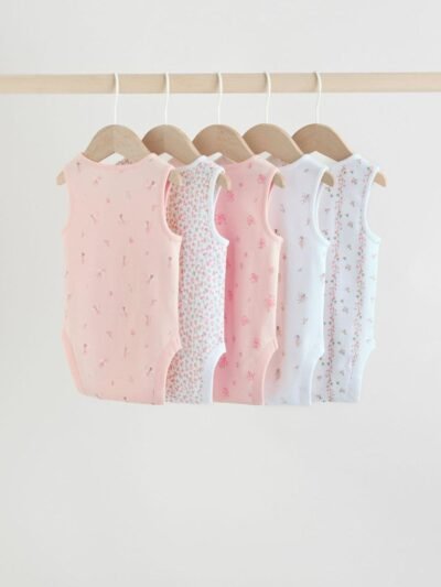 White/Pink 5 Pack Vest Baby Bodysuits