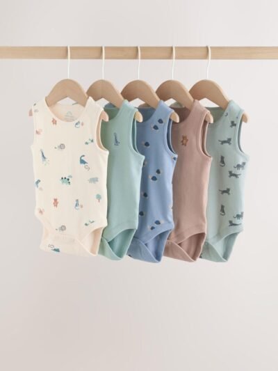 Teal Blue Miniprint Baby Vests 5 Pack
