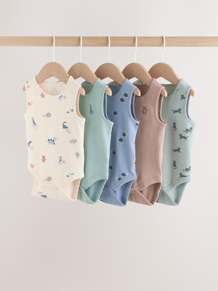 Teal Blue Miniprint Baby Vests 5 Pack