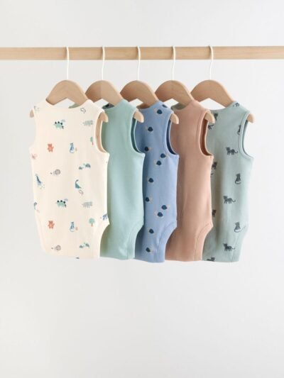 Teal Blue Miniprint Baby Vests 5 Pack