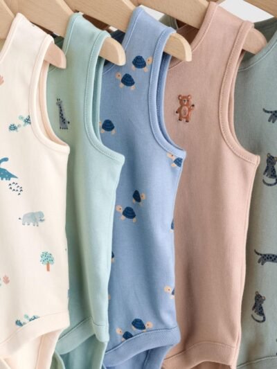 Teal Blue Miniprint Baby Vests 5 Pack