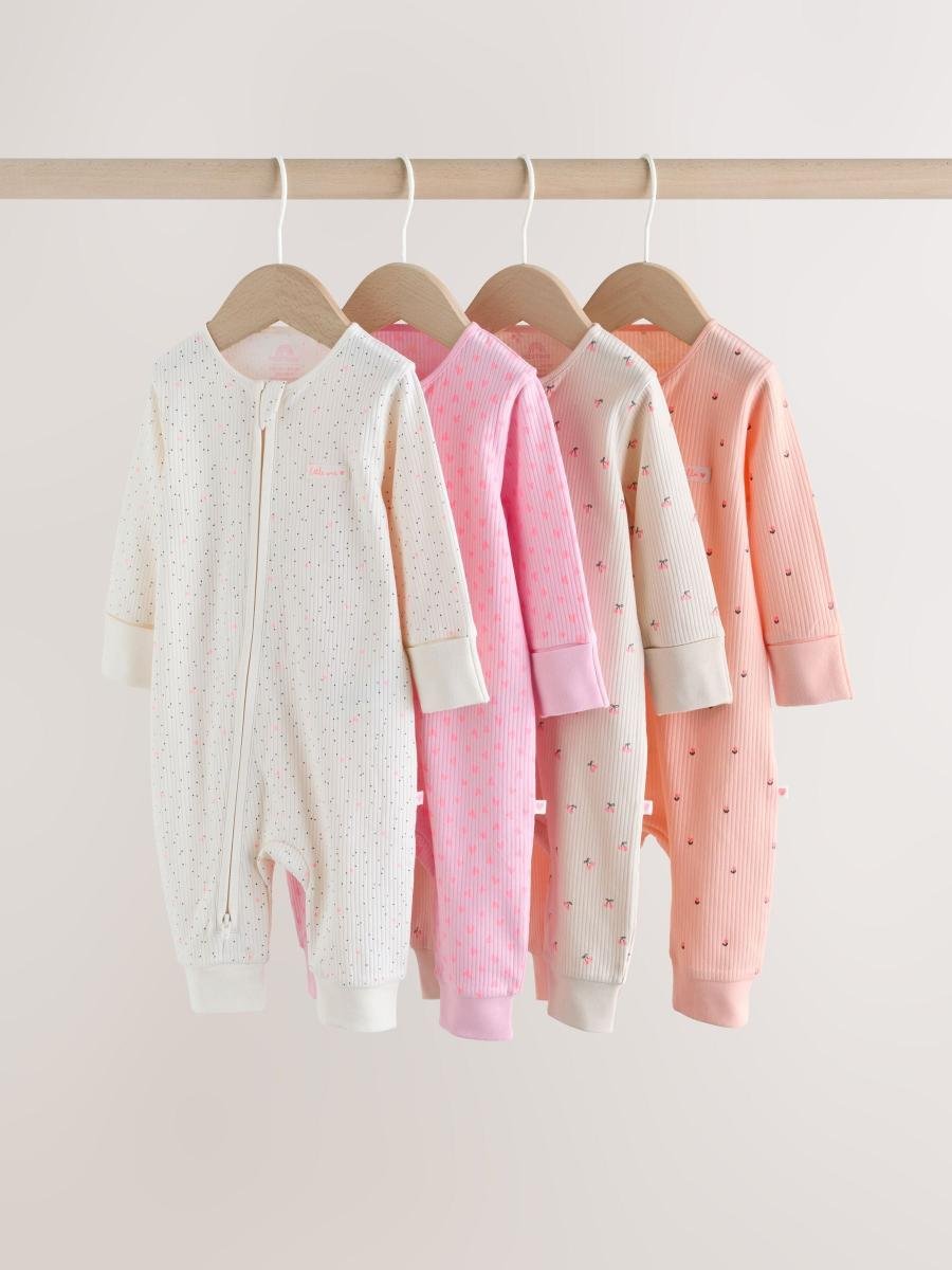 Pink Two Way Zip Baby Sleepsuit 4 Pack