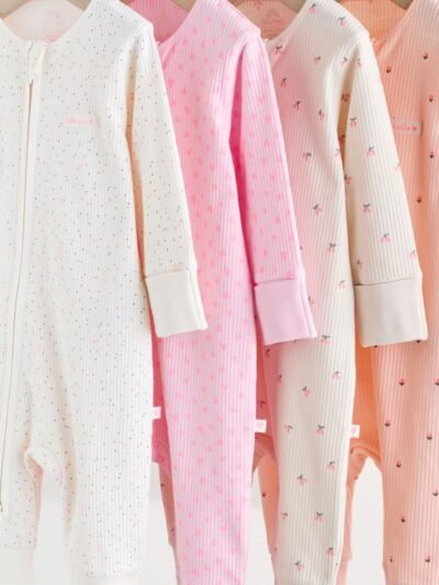 Pink Two Way Zip Baby Sleepsuit 4 Pack