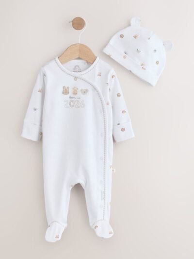 White Born in 2026 Baby Sleepsuit & Hat Set