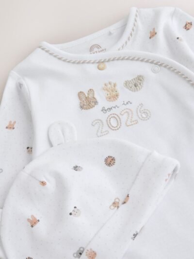 White Born in 2026 Baby Sleepsuit & Hat Set