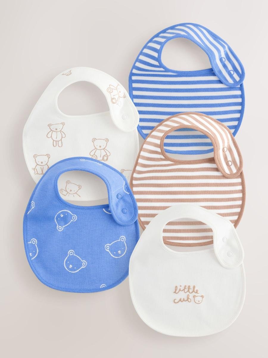 Blue/Ecru Bear Baby Bibs 5 Pack