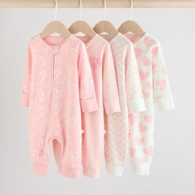 Pink Print Two Way Zip Baby Sleepsuits 4 Pack