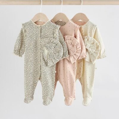 Pink 3 Pack Baby Sleepsuits with Matching Turbans