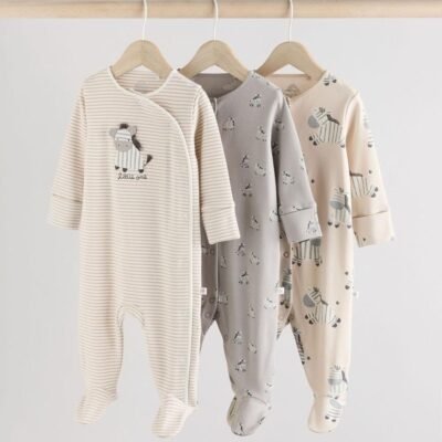Grey 3 Pack Zebra 100% Cotton Baby Sleepsuits