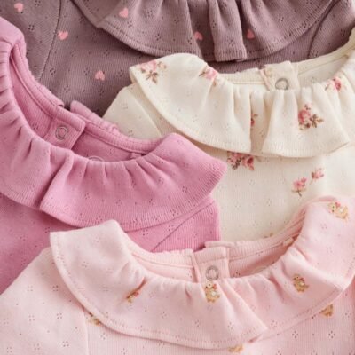 Pink/ Cream/ Brown Ditsy Baby Long Sleeve Frill Bodysuits 4 Pack