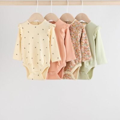 Blue/Cream/Coral Ditsy Baby Long Sleeve Frill Bodysuits 4 Pack