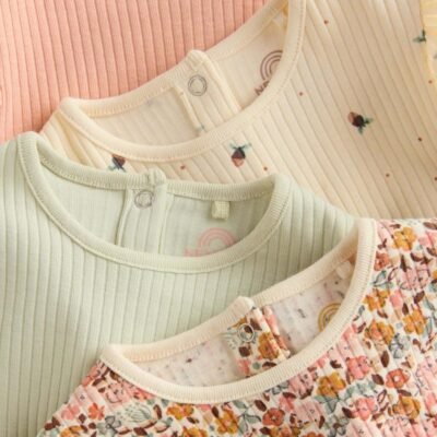 Blue/Cream/Coral Ditsy Baby Long Sleeve Frill Bodysuits 4 Pack