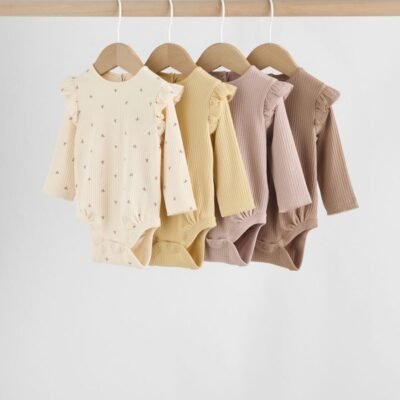 Purple/Yellow/Cream Ditsy Baby Long Sleeve Frill Bodysuits 4 Pack