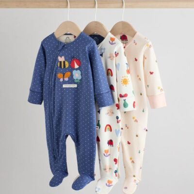 Navy Two Way Zip Baby Sleepsuits 3 Pack