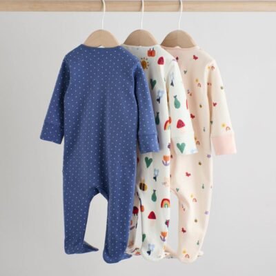 Navy Two Way Zip Baby Sleepsuits 3 Pack