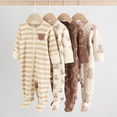 Brown Bear Print Two Way Zip Baby Sleepsuits 4 Pack