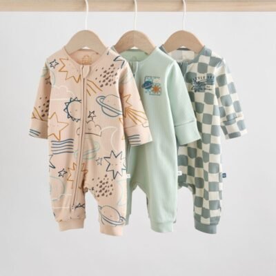 Light Blue 3 pack Baby Two Way Zip Footless Cotton Sleepsuits