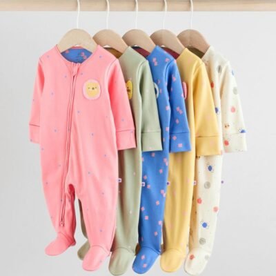 Pink/Blue 5 Pack Two Way Zip Baby Sleepsuits