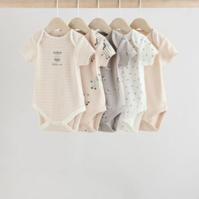 Grey Zebra Baby Short Sleeve Bodysuits 100% Cotton 5 Pack