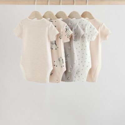 Grey Zebra Baby Short Sleeve Bodysuits 100% Cotton 5 Pack