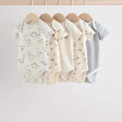 Grey Dinosaur Short Sleeve Baby Bodysuits 5 Pack