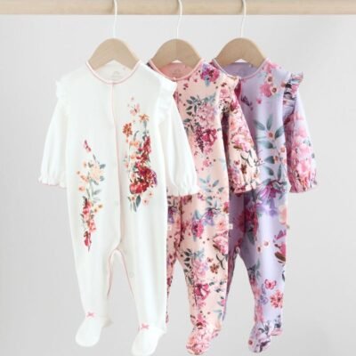 Ecru Floral Baby Sleepsuits 3 Pack