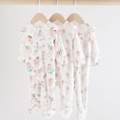 Ecru Fairy Two Way Zip Baby Sleepsuits 3 Pack