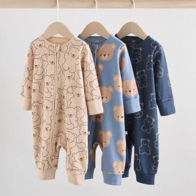 Brown/Navy 3 pack Baby Two Way Zip Footless Cotton Sleepsuits