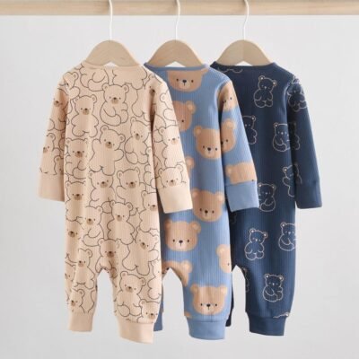 Brown/Navy 3 pack Baby Two Way Zip Footless Cotton Sleepsuits