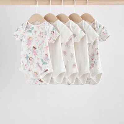 Ecru Fairy Short Sleeve Bodysuits 5 Pack