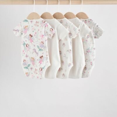 Ecru Fairy Short Sleeve Bodysuits 5 Pack