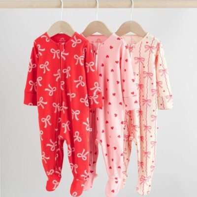 Red Bow Two Way Zip Sleepsuits 3 Pack