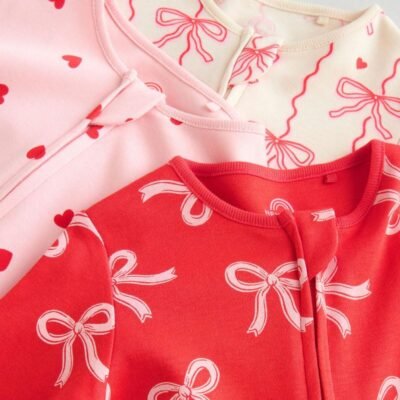 Red Bow Two Way Zip Sleepsuits 3 Pack