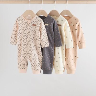 Monochrome Leopard And Cherry Print Two Way Zip Baby Sleepsuits 4 Pack