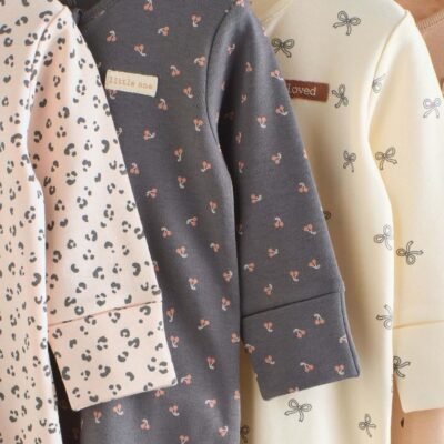 Monochrome Leopard And Cherry Print Two Way Zip Baby Sleepsuits 4 Pack