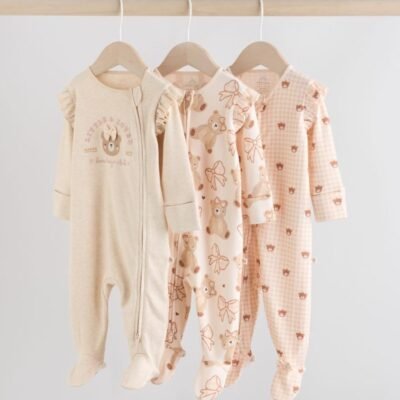 Neutral Bear Two Way Zip Baby Sleepsuits 3 Pack