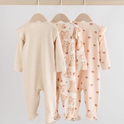Neutral Bear Two Way Zip Baby Sleepsuits 3 Pack