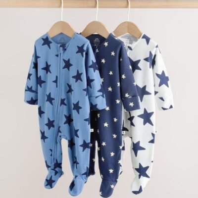 Navy Star Two Way Zip Baby Sleepsuits 3 Pack