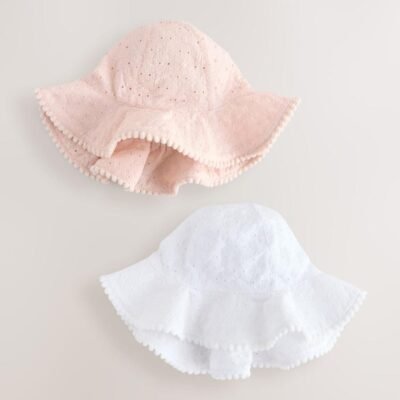 Pink and White Broderie 2pk Baby Bucket Hat