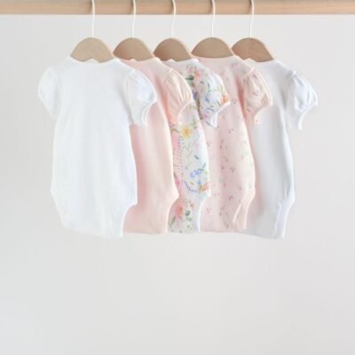 Pink Short Sleeve Baby Bodysuits 5 Pack