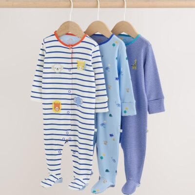Blue Safari Baby Sleepsuits 3 Pack