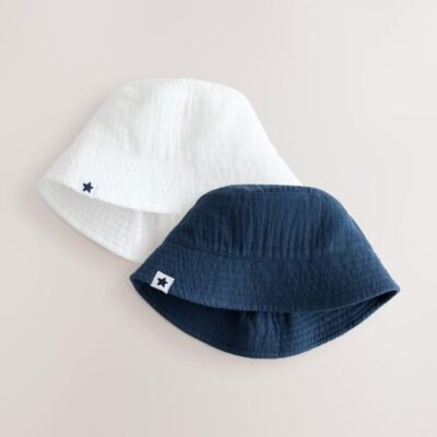 White and Blue Woven Baby Bucket Hats 2 Pack