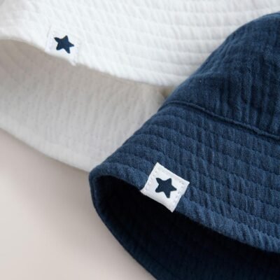 White and Blue Woven Baby Bucket Hats 2 Pack