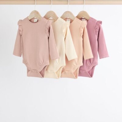Pink/Cream Baby Long Sleeve Frill Bodysuits 4 Pack