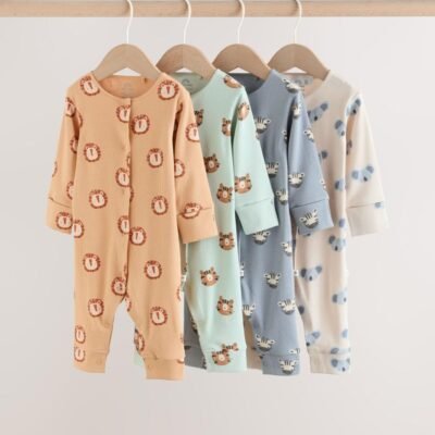 Multi Safari Animal Baby Sleepsuits 4 Pack