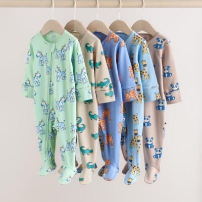 Multi Cotton Two Way Zip Baby Sleepsuits 5 Pack