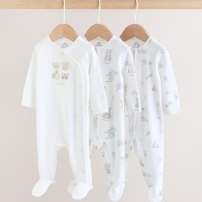White Safari Baby Sleepsuits 3 Pack